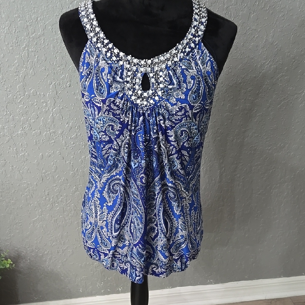Blue Embellished Cut Out Tank Top